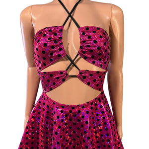 Halter Skater fit n flare X-String Dress in Pink Polka Dot Holographic Shattered Glass