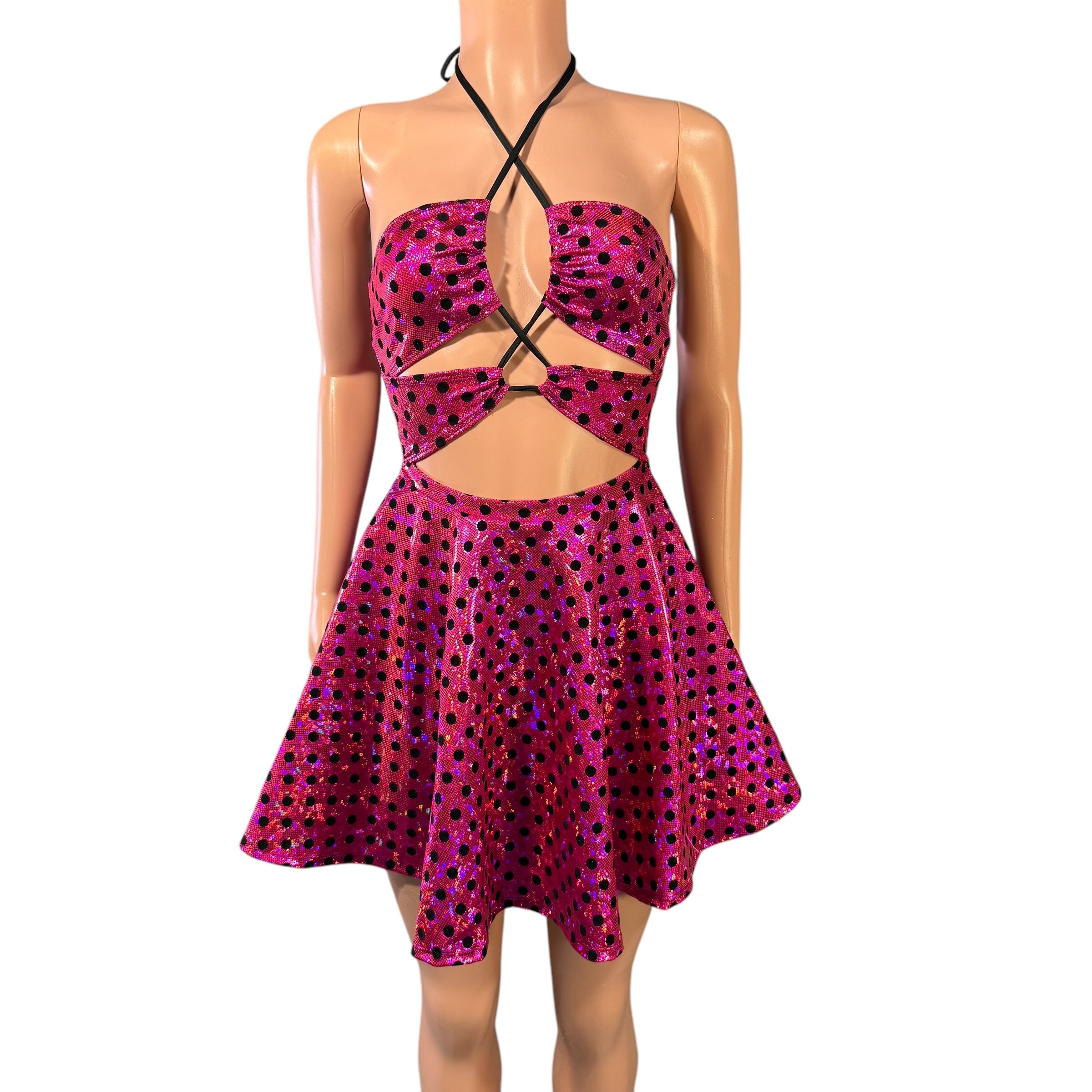 Halter Skater fit n flare X-String Dress in Pink Polka Dot Holographic Shattered Glass XSmall Halter Skater fit n flare X-String Dress in Pink Polka Dot Holographic Shattered Glass XSmall