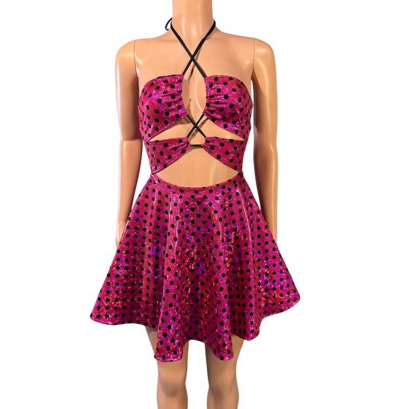 Halter Skater fit n flare X-String Dress in Pink Polka Dot Holographic Shattered Glass