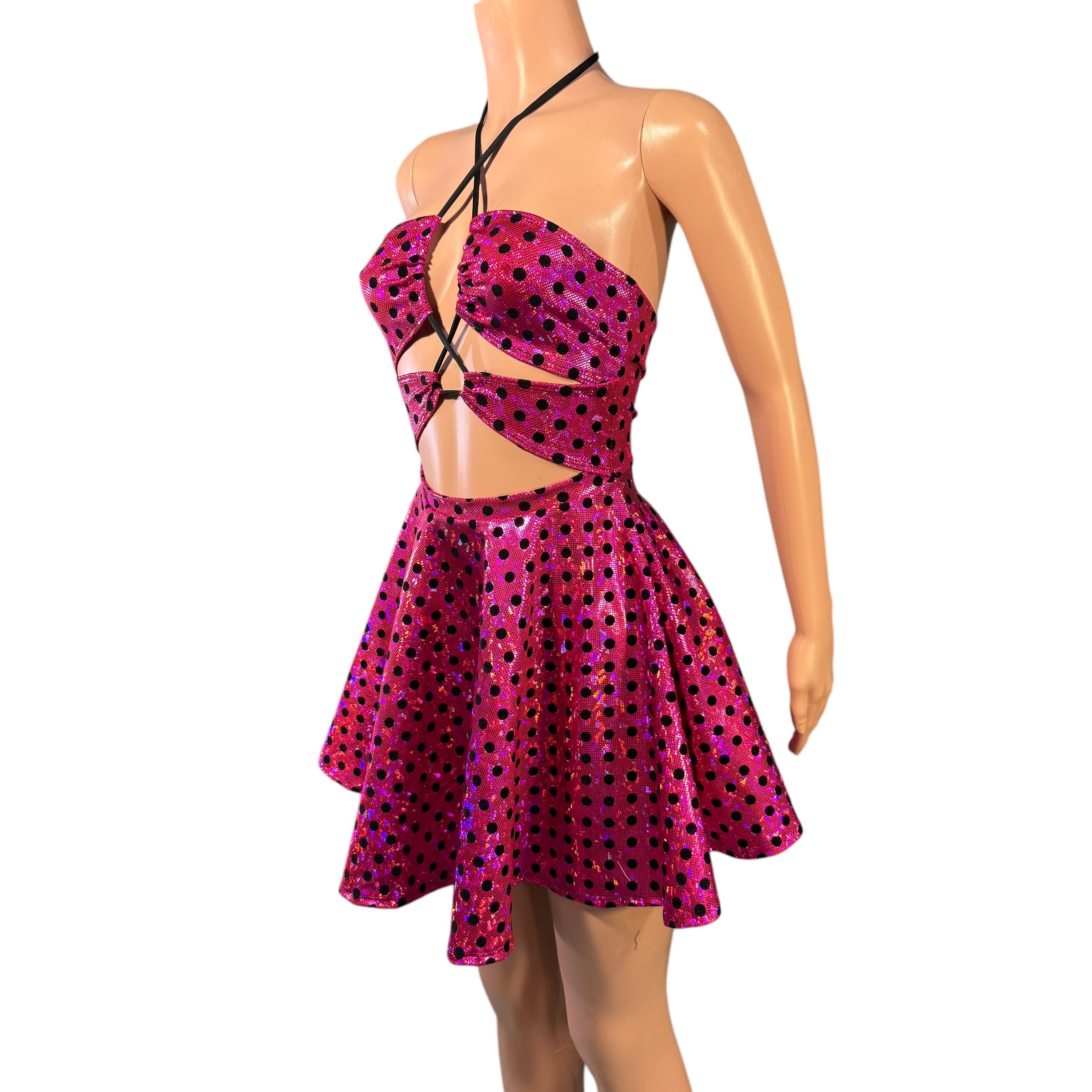 Halter Skater fit n flare X-String Dress in Pink Polka Dot Holographic Shattered Glass XSmall Halter Skater fit n flare X-String Dress in Pink Polka Dot Holographic Shattered Glass XSmall