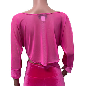 Dolman Crop Top in Hot Pink Velvet and Pink Mesh - Peridot Clothing
