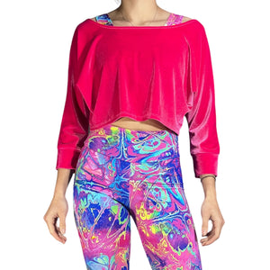 Dolman Crop Top in Hot Pink Velvet and Pink Mesh - Peridot Clothing