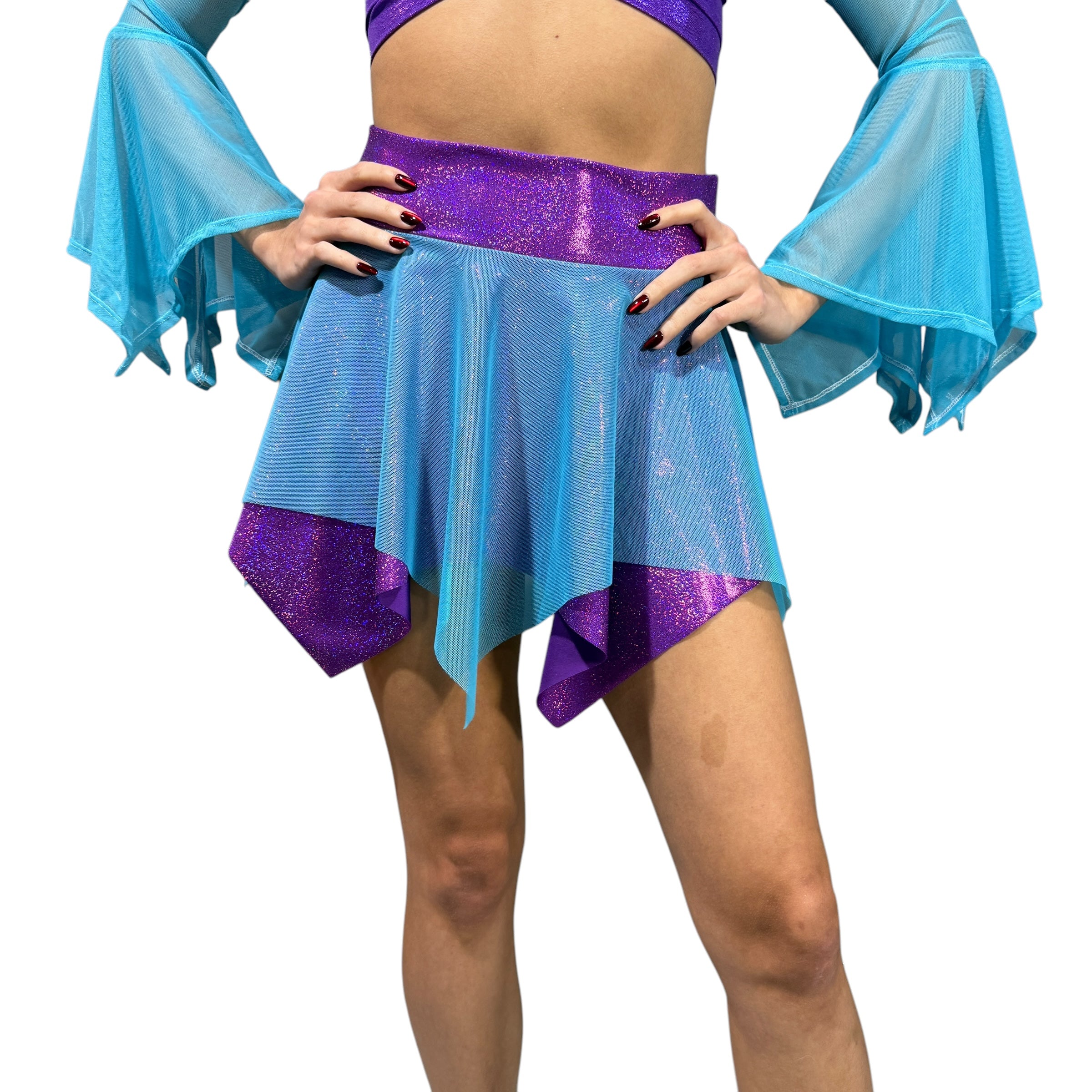 Pixie Skirt for Fairy Costume in Purple Sparkle & Blue Mesh Large / 16" Length (Shown on Model) Pixie Skirt for Fairy Costume in Purple Sparkle & Blue Mesh Large / 16" Length (Shown on Model)