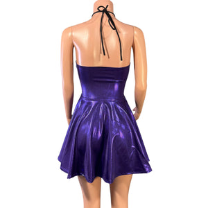 Halter Skater fit n flare X-String Dress in Purple & Teal Mystique Metallic