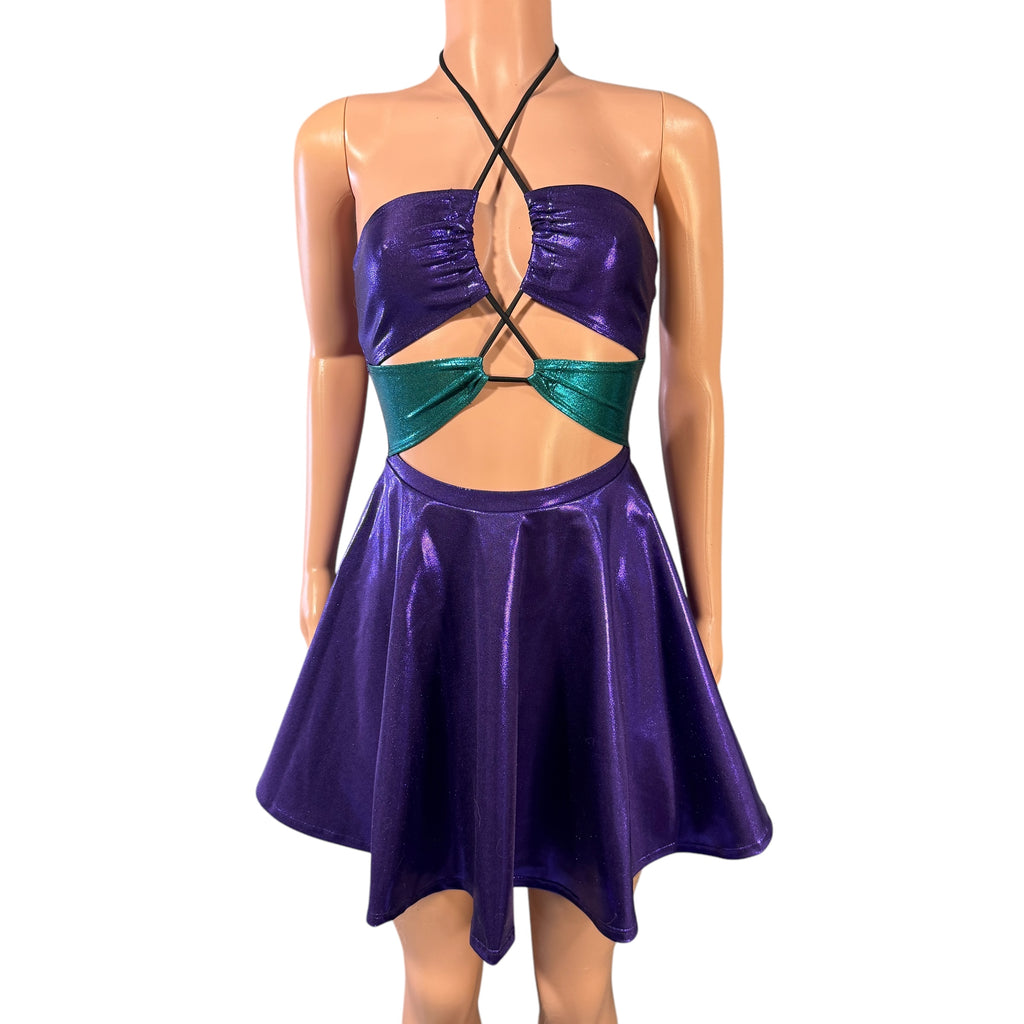 Halter Skater fit n flare X-String Dress in Purple & Teal Mystique Metallic