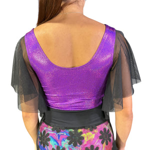 Flutter Sleeve Top in Purple Sparkle and Black Mesh Sleeve Ruffle Shirt | Holo Festival Crop Top