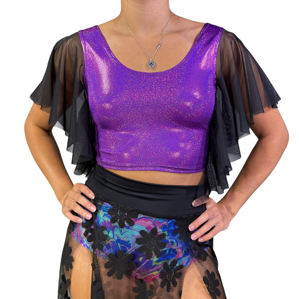 Flutter Sleeve Top in Purple Sparkle and Black Mesh Sleeve Ruffle Shirt | Holo Festival Crop Top