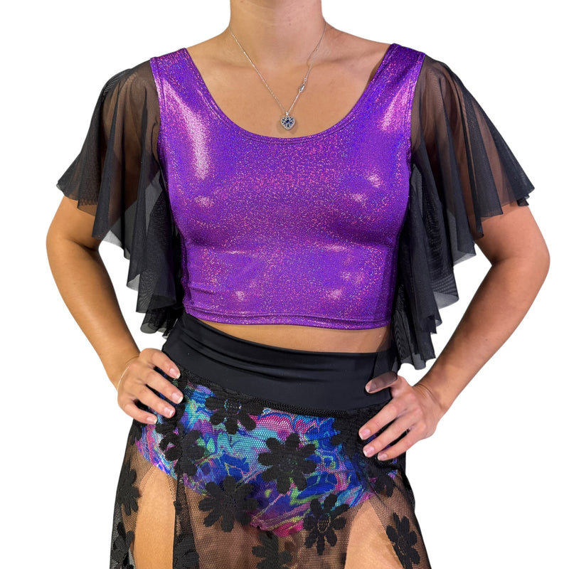 Flutter Sleeve Top in Purple Sparkle and Black Mesh Sleeve Ruffle Shirt | Holo Festival Crop Top