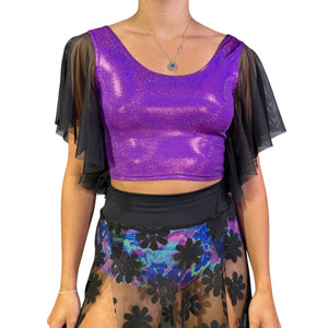 Flutter Sleeve Top in Purple Sparkle and Black Mesh Sleeve Ruffle Shirt | Holo Festival Crop Top