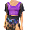 Flutter Sleeve Top in Purple Sparkle and Black Mesh Sleeve Ruffle Shirt | Holo Festival Crop Top