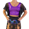Flutter Sleeve Top in Purple Sparkle and Black Mesh Sleeve Ruffle Shirt | Holo Festival Crop Top