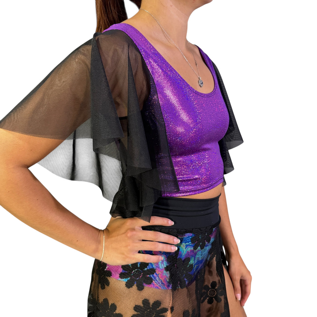 Flutter Sleeve Top in Purple Sparkle and Black Mesh Sleeve Ruffle Shirt | Holo Festival Crop Top