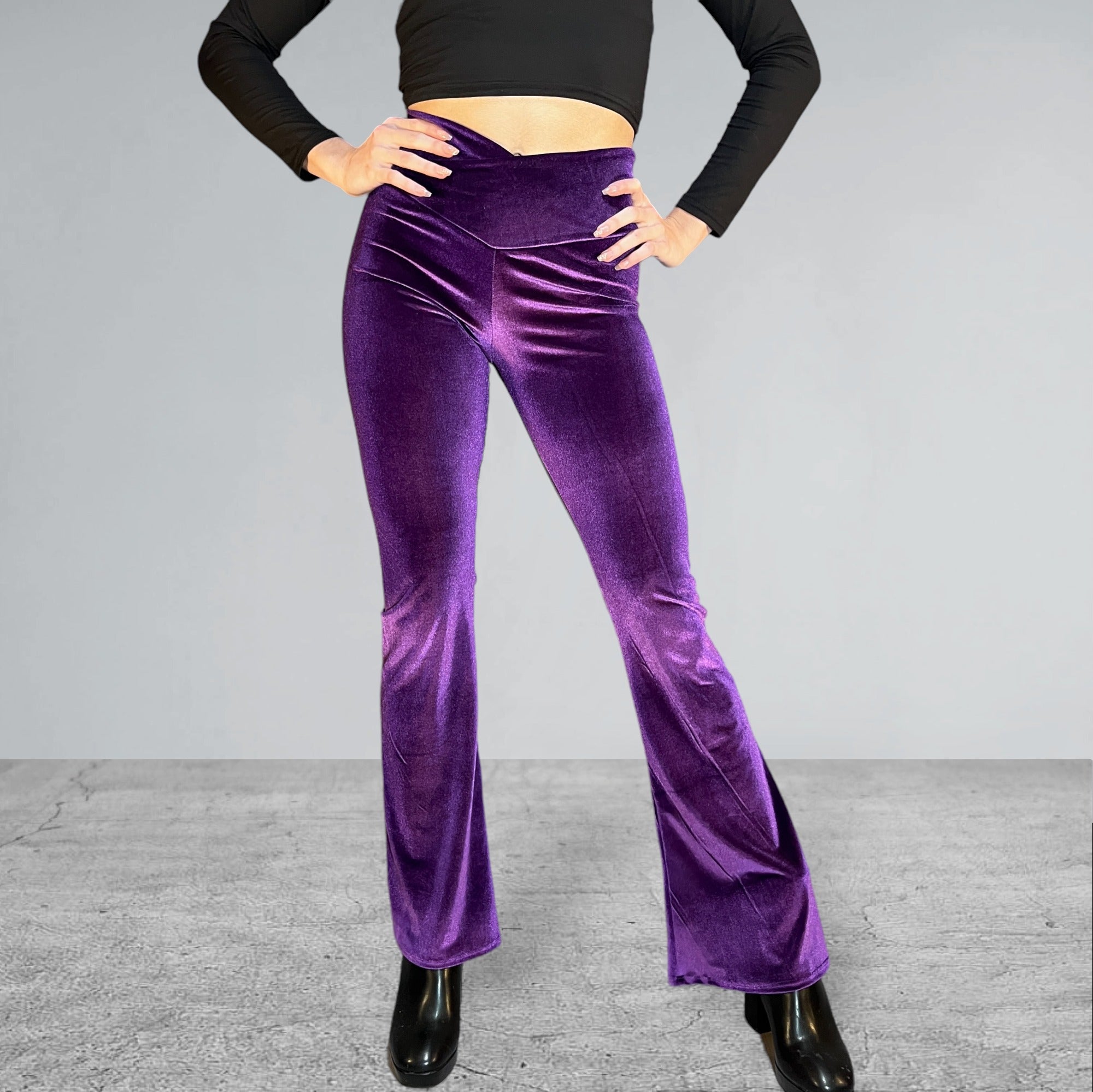 Crossover V-Waist Bootcut Flare Pants - Purple Velvet