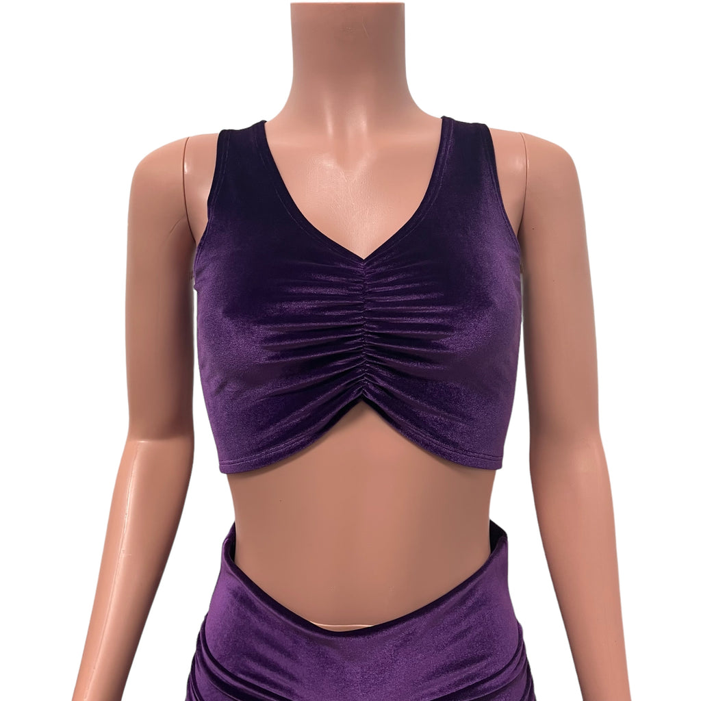 Purple Velvet Ruched Crop Top Tank - Peridot Clothing
