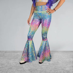 Rainbow Bell Bottoms | Pastel Avatar Ombre Flare Pants High-Waisted - Rave, Festival, EDM, Disco