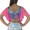 Flutter Sleeve Top Rainbow Avatar Holo | Mesh Sleeve Ruffle Shirt | Holographic Festival Crop Top