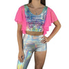 Flutter Sleeve Top Rainbow Avatar Holo | Mesh Sleeve Ruffle Shirt | Holographic Festival Crop Top