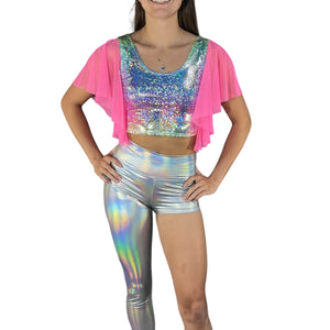 Flutter Sleeve Top Rainbow Avatar Holo | Mesh Sleeve Ruffle Shirt | Holographic Festival Crop Top