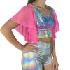 Flutter Sleeve Top Rainbow Avatar Holo | Mesh Sleeve Ruffle Shirt | Holographic Festival Crop Top