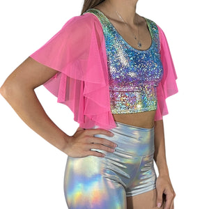 Flutter Sleeve Top Rainbow Avatar Holo | Mesh Sleeve Ruffle Shirt | Holographic Festival Crop Top