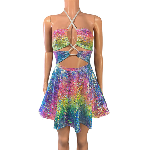 Halter Skater fit n flare X-String Dress in Rainbow Avatar Ombre Small