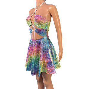 Halter Skater fit n flare X-String Dress in Rainbow Avatar Ombre