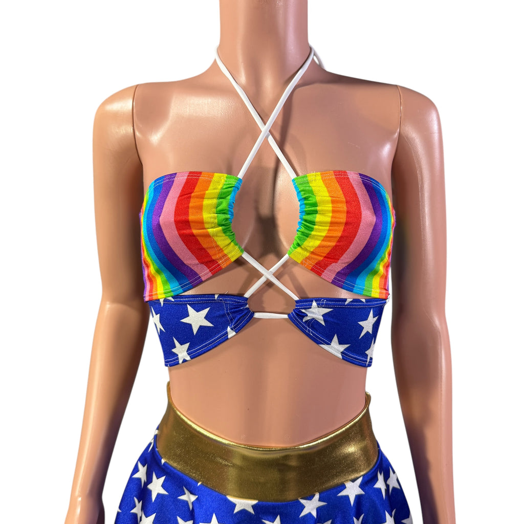 X-String Halter Top in Rainbow Stripe and Blue Star