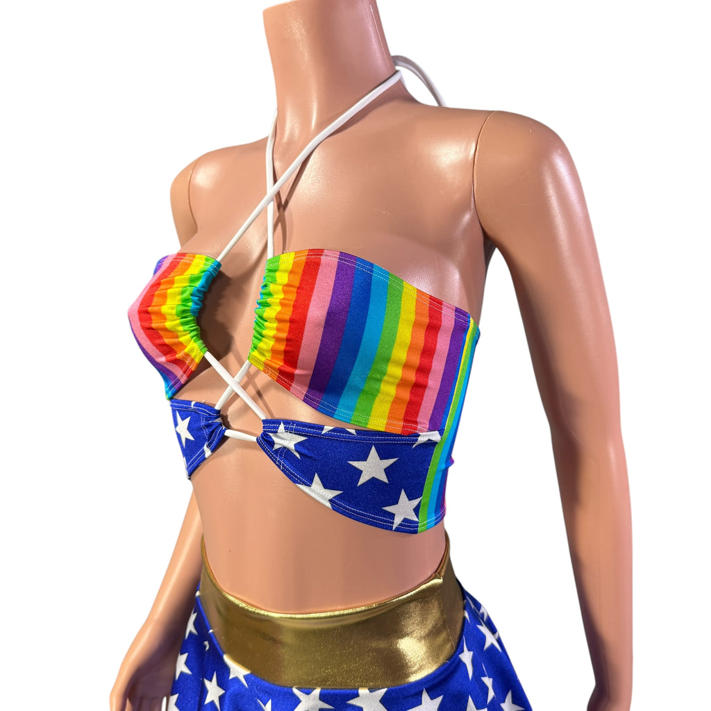 X-String Halter Top in Rainbow Stripe and Blue Star