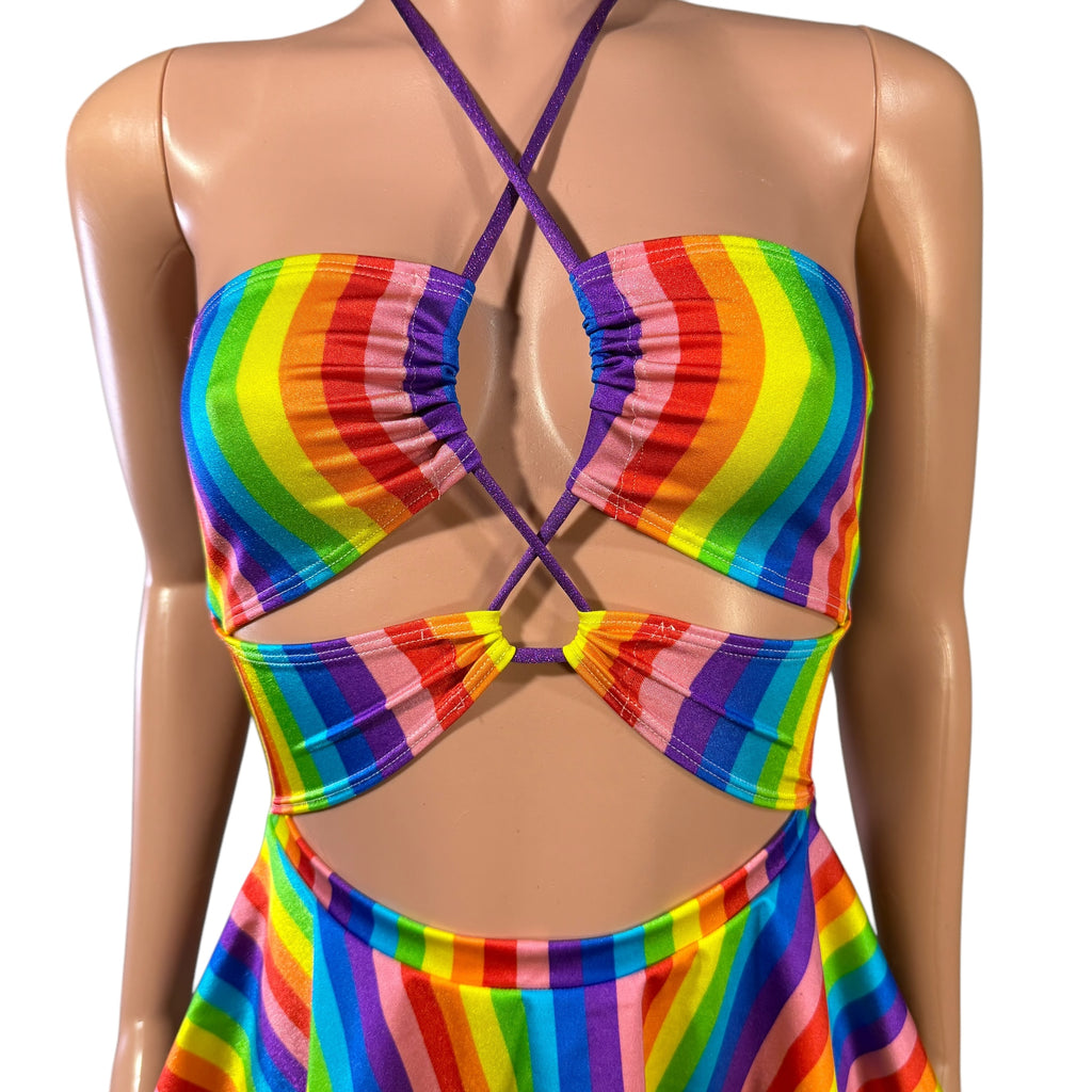 Halter Skater fit n flare X-String Dress in Rainbow Stripe