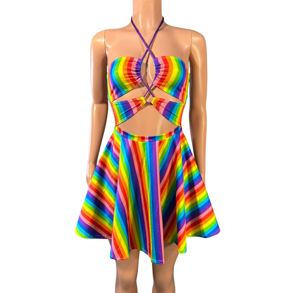 Halter Skater fit n flare X-String Dress in Rainbow Stripe