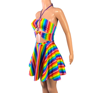 Halter Skater fit n flare X-String Dress in Rainbow Stripe