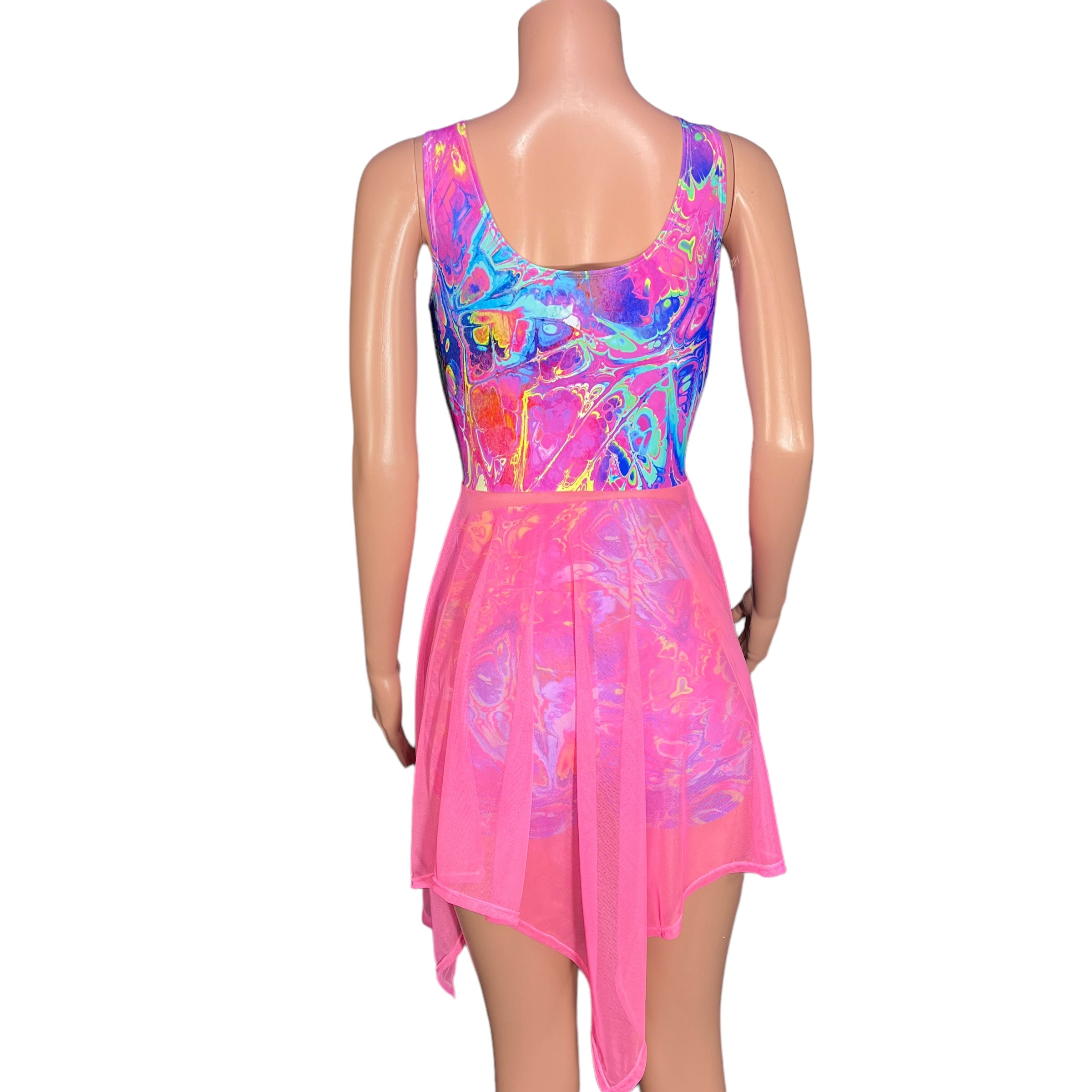 Sleeveless Lace-Up Open-Front Asymmetrical Fairy Dress *Rainbow Vapor w/Pink Mesh* Medium (8-10) Sleeveless Lace-Up Open-Front Asymmetrical Fairy Dress *Rainbow Vapor w/Pink Mesh* Medium (8-10)