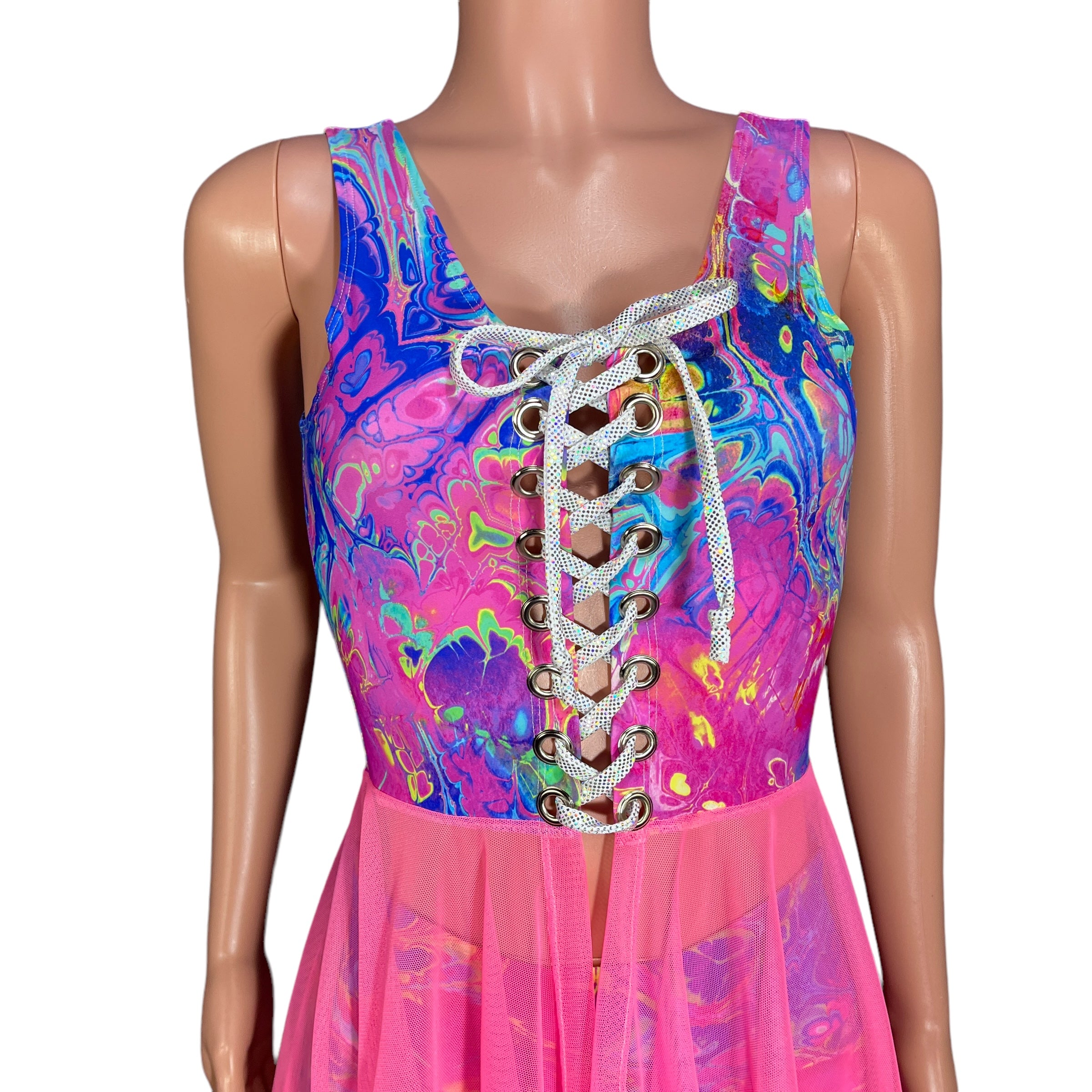 Sleeveless Lace-Up Open-Front Asymmetrical Fairy Dress *Rainbow Vapor w/Pink Mesh* Medium (8-10) Sleeveless Lace-Up Open-Front Asymmetrical Fairy Dress *Rainbow Vapor w/Pink Mesh* Medium (8-10)