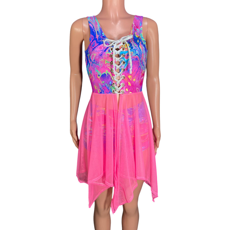 Sleeveless Lace-Up Open-Front Asymmetrical Fairy Dress *Rainbow Vapor w/Pink Mesh* - Peridot Clothing