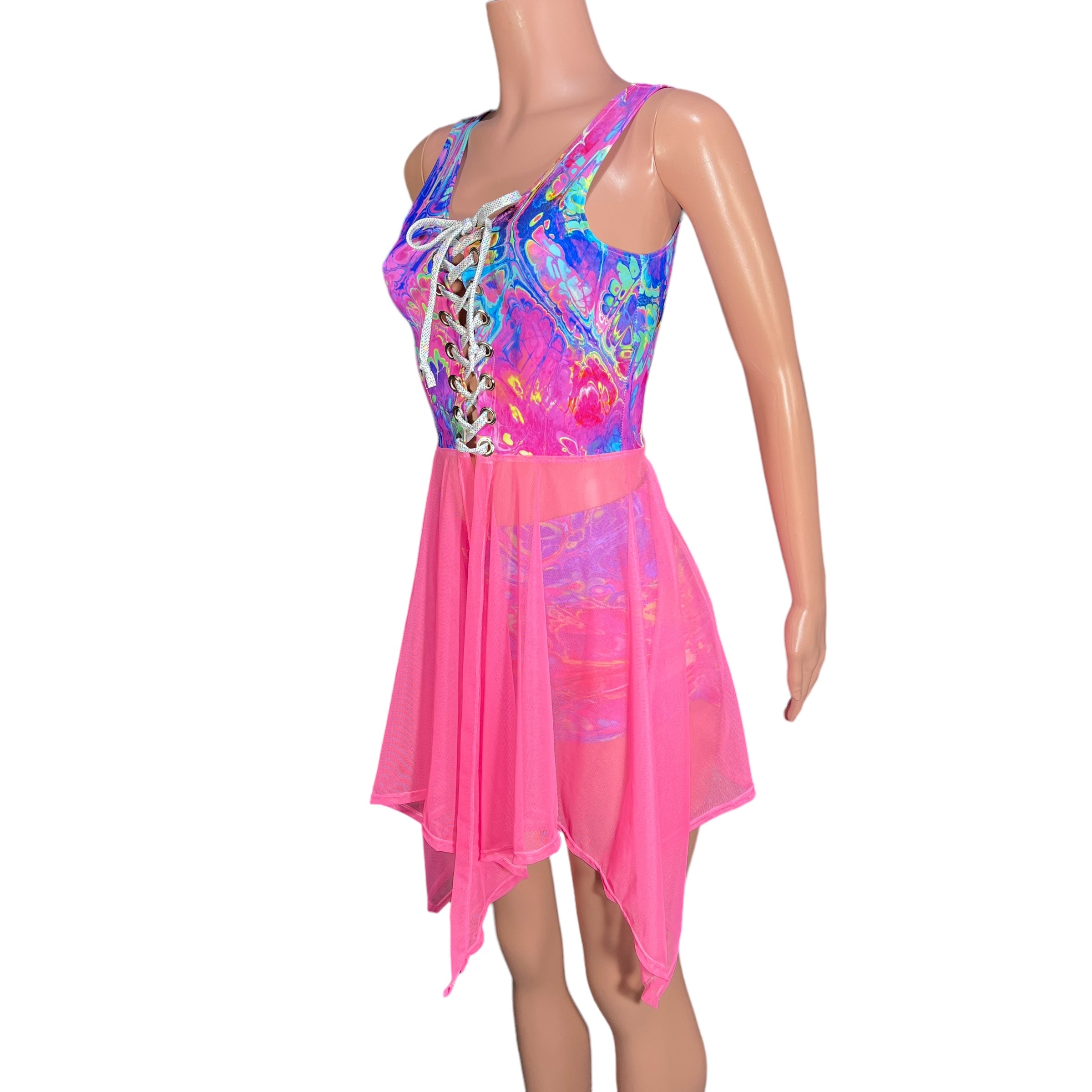 Sleeveless Lace-Up Open-Front Asymmetrical Fairy Dress *Rainbow Vapor W/Pink Mesh* Medium (8-10) Sleeveless Lace-Up Open-Front Asymmetrical Fairy Dress *Rainbow Vapor W/Pink Mesh* Medium (8-10)