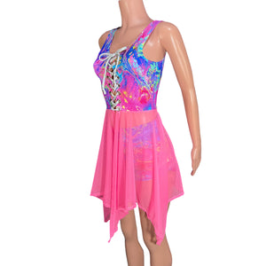 Sleeveless Lace-Up Open-Front Asymmetrical Fairy Dress *Rainbow Vapor w/Pink Mesh* - Peridot Clothing