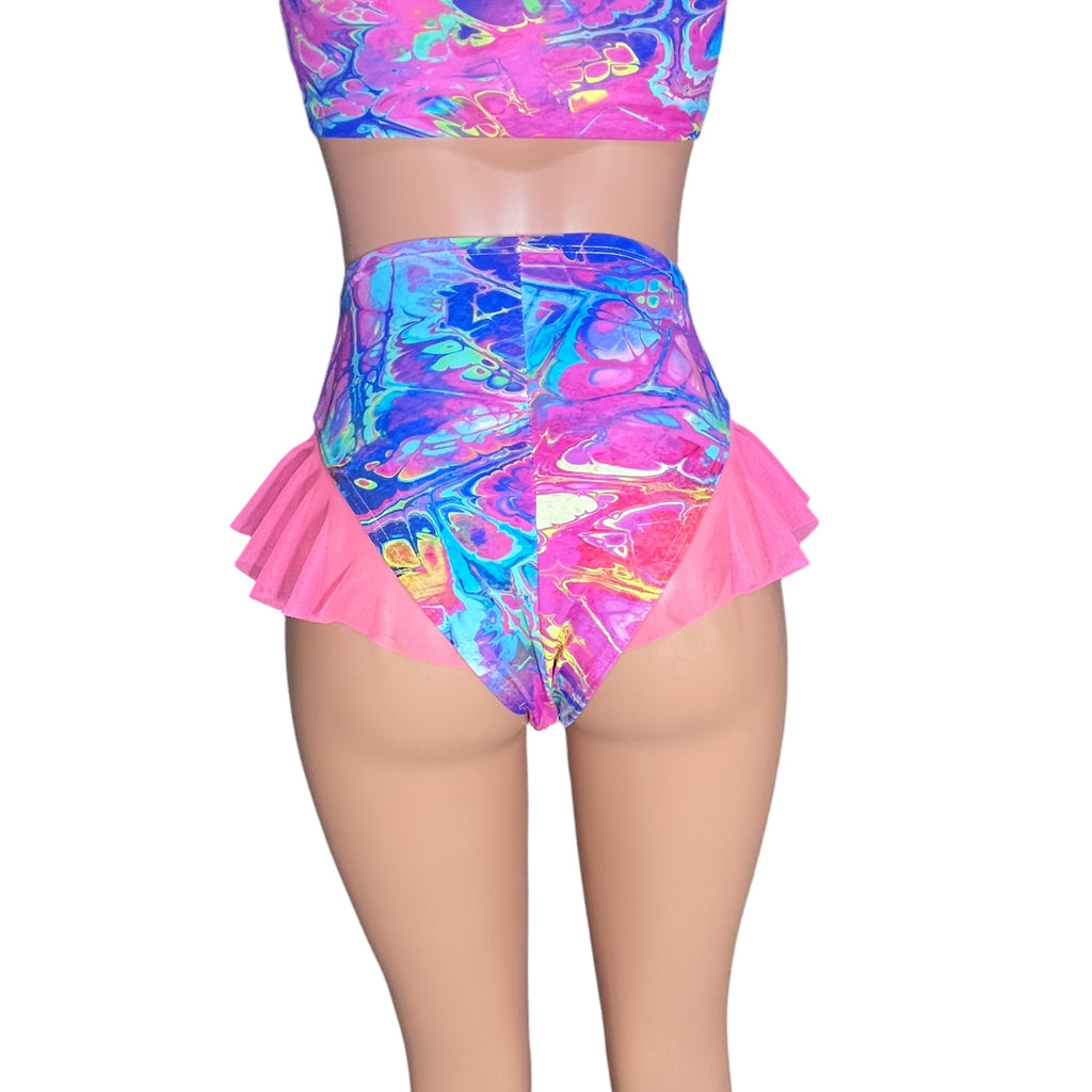 Ruffle Bikini Bottom High-Waisted Cheeky Hot Pants in Rainbow Vapor