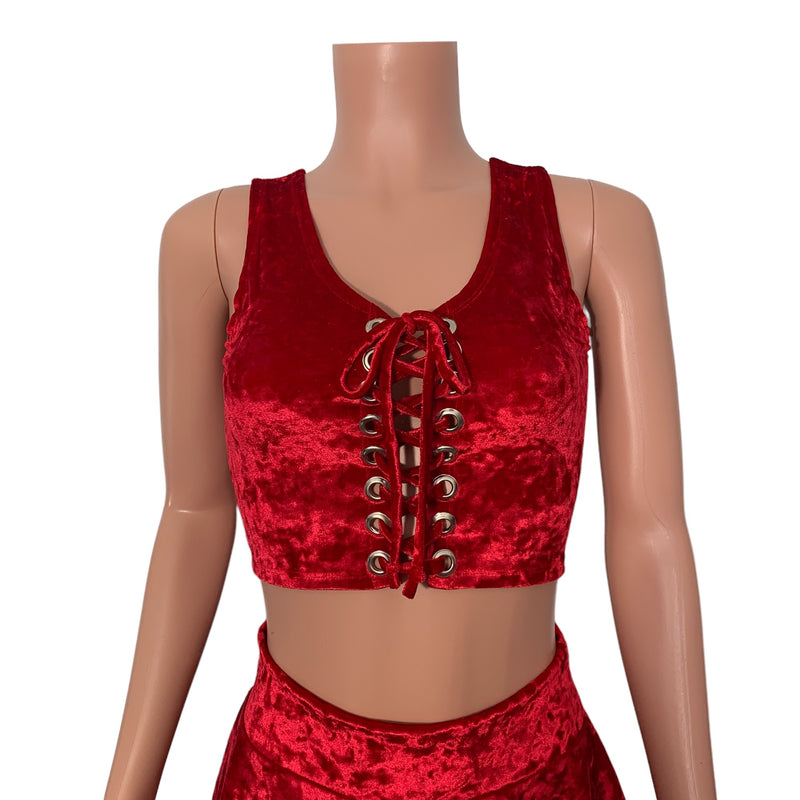 Lace-Up Crop Top - Red Crushed Velvet - Peridot Clothing