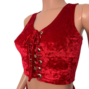 Lace-Up Crop Top - Red Crushed Velvet - Peridot Clothing