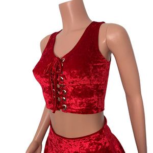 Lace-Up Crop Top - Red Crushed Velvet - Peridot Clothing