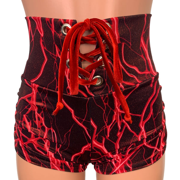 Lace-Up Ruched High Waist Booty Shorts - Red Lightning Metallic ...