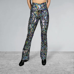 Crossover V-Waist Bootcut Flare Pants - Silver Glass Pane Holographic - Peridot Clothing
