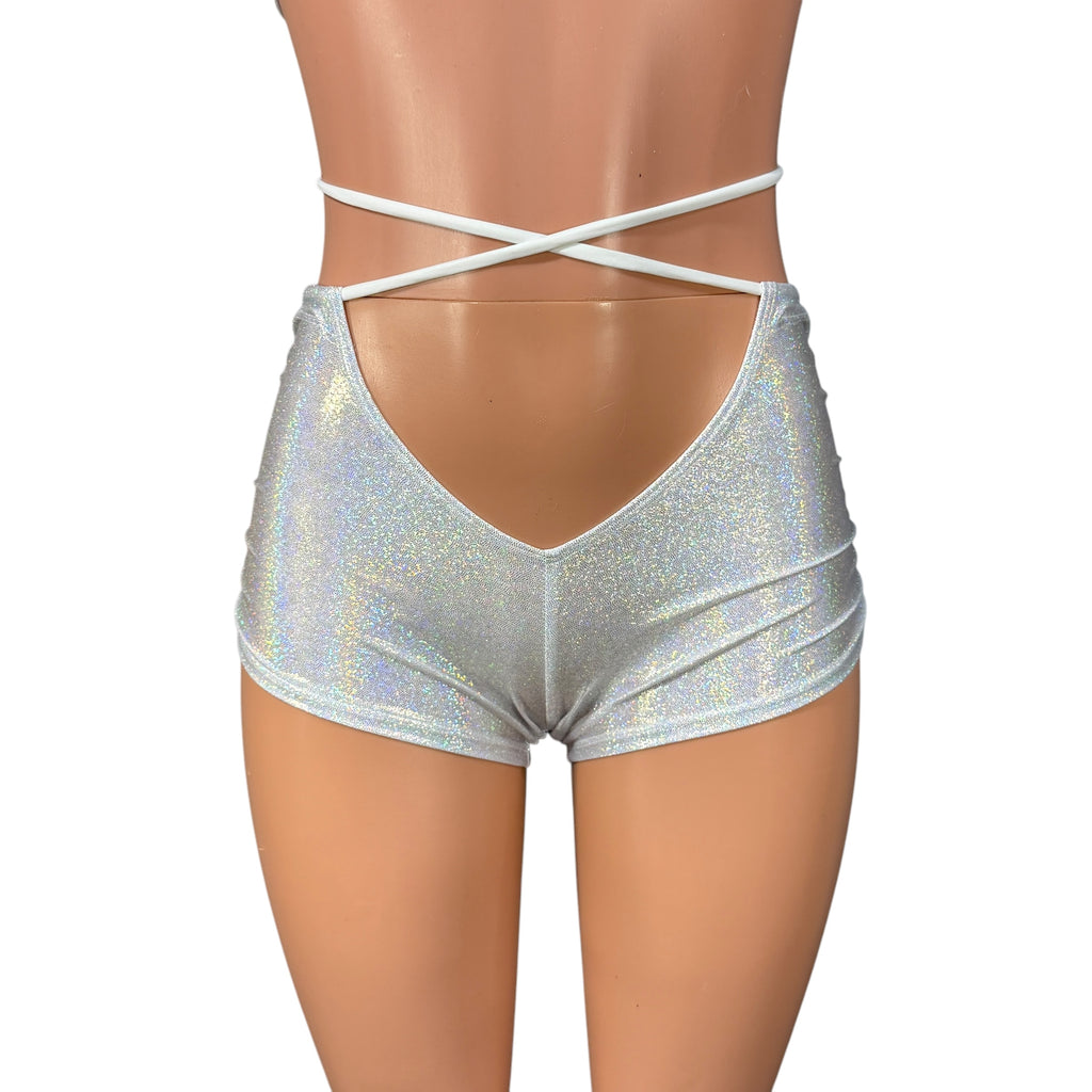 X-String Scrunch Booty Shorts in Silver Sparkle Holo | Ruched Hot Pants w/ Tie Low-Rise Rave Shorts