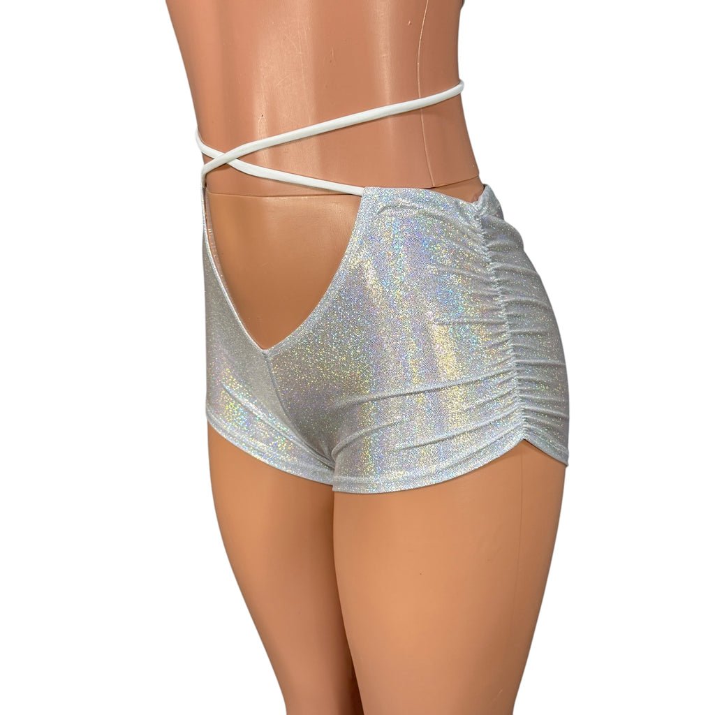 X-String Scrunch Booty Shorts in Silver Sparkle Holo | Ruched Hot Pants w/ Tie Low-Rise Rave Shorts