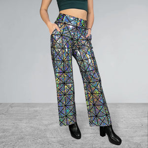 Silver on Black Glass Pane Holographic Wide Straight Leg Relaxed Fit Pants - Peridot Clothing