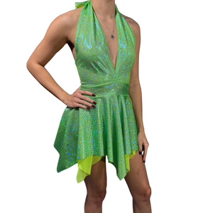 Pixie Halter Dress Fit n Flare Fairy Asymmetrical Hem in Lime Holographic and Mesh