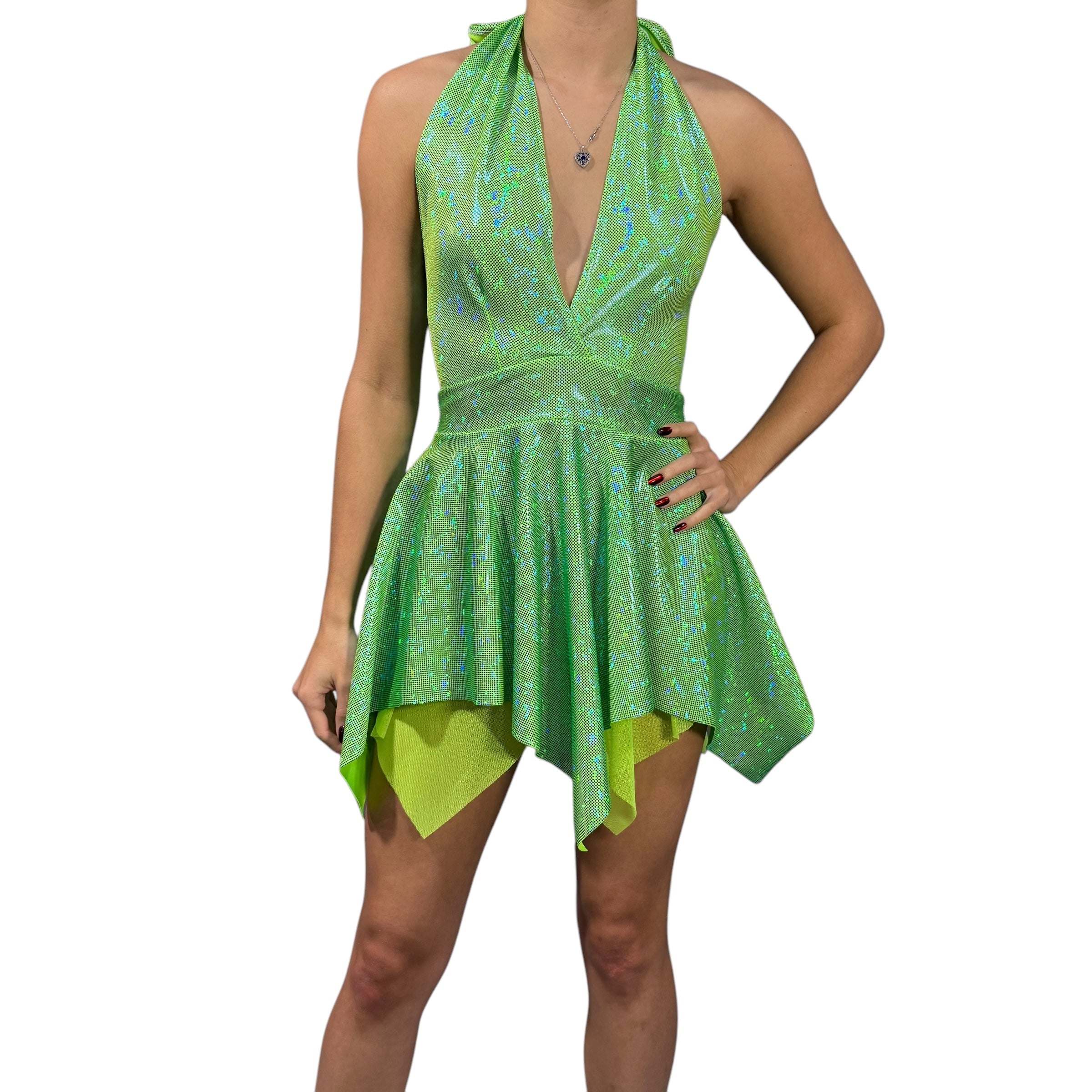 Pixie Halter Dress Fit n Flare Fairy Asymmetrical Hem in Lime Holographic and Mesh Large Pixie Halter Dress Fit n Flare Fairy Asymmetrical Hem in Lime Holographic and Mesh Large