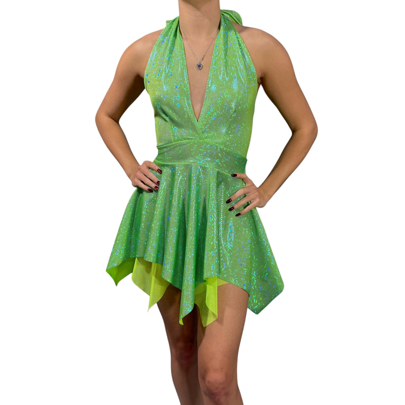 Pixie Halter Dress Fit n Flare Fairy Asymmetrical Hem in Lime Holograp Peridot Clothing Pixie Halter Dress Fit n Flare Fairy Asymmetrical Hem in Lime Holograp Peridot Clothing