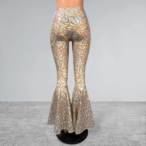 High Waisted Bell Bottom Flares - Sheer Holographic Triangle Mesh