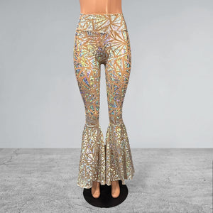 High Waisted Bell Bottom Flares - Sheer Holographic Triangle Mesh